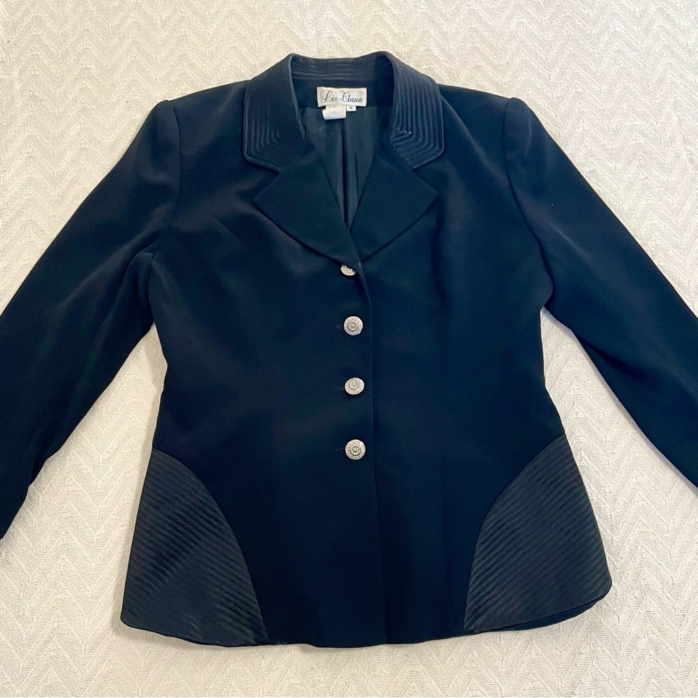 LIZ ELANA Vtg Detailed Black Silk Tuxedo Style Formal Blazer Sz 12 Made in USA